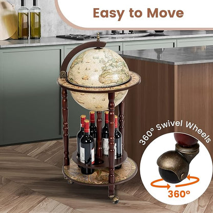 LDAILY 17.5’’ Wood Globe Bar, 16th Century Italian Replica Vintage Bar Cart with Wheels, Alcohol Cabinet with Liquor Storage, Bottom Shelf & Old World Map, Round Bar Cart for Home (Creamy White)