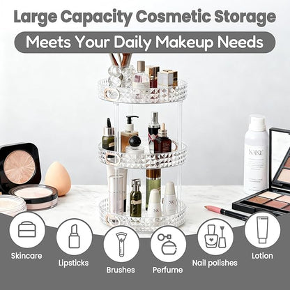 360 Rotating Makeup Organizer for Vanity, 3 Tier Diamond Pattern Perfume Organizer for Women, Large Capacity Skincare Lotion Cosmetic Organizer, Bathroom Countertop Makeup Holder, Clear