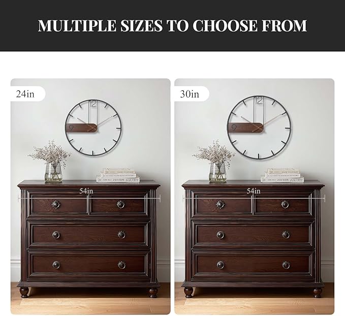 Cuspin Modern Large Wall Clock 24 Inch, Wood Metal Frame Silent Non Ticking Battery Operated Wall Clocks Decoration for Living Room, Bedroom, Kitchen, Minimalist Walnut Dial Arabic Numerals