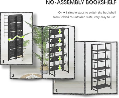 4NM No Assembly Folding Bookshelf, 5-Shelf 62.2" H Collapsible Foldable Bookcase Storage for Small Spaces, Gray and Black
