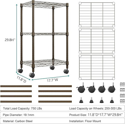 M MZG 3 Tier Shelf Metal Storage Shelves Wire Rack Closet Organizers with Wheel for Garage Kitchen Bathroom Laundry Brown 11.8" D x 17.7" W x 29.8" H