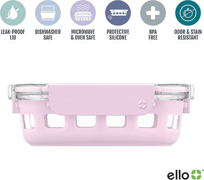 Ello Duraglass Meal Prep Container, 1.75 cup- Glass Food Storage Container with Silicone Sleeve and Airtight BPA-Free Plastic Lid, Dishwasher, Microwave, and Freezer Safe, Cashmere Pink