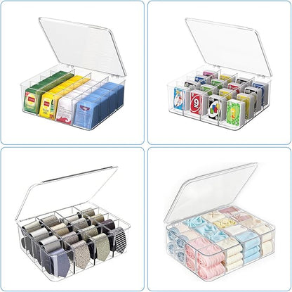 Tea Bag Organizer with Lid: Plastic Storage Bin - 16 Compartments with Removable Dividers, Stackable Pantry Storage Box for Drawers, Countertops, Fridge, Kitchen (2 Pack)