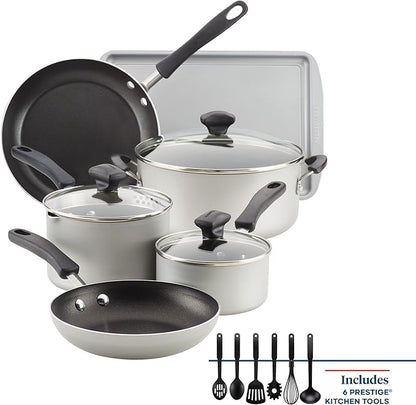 Farberware Cookstart DiamondMax Nonstick Cookware/Pots and Pans Set, Dishwasher Safe, Includes Baking Pan and Cooking Tools, 15 Piece - Silver