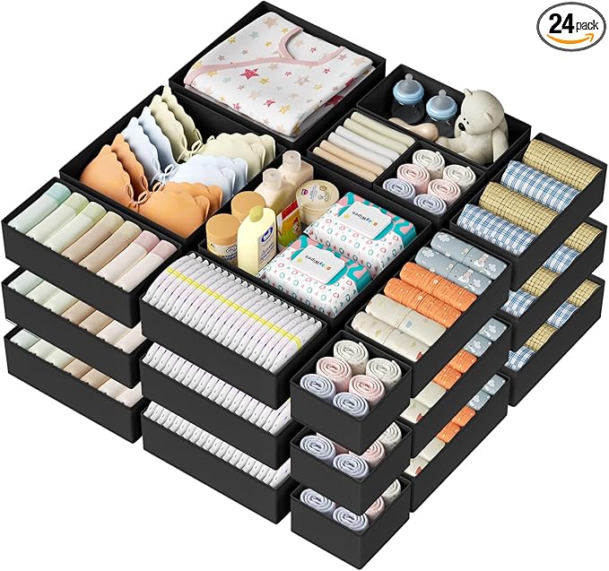 DIMJ Drawer Organizer Clothes Storage - 24 Pack Baby Dresser Organizer for Nursery, Foldable Closet Drawer Organizer Bins for Bedroom Organization, Fabric Storage Dividers for Socks, Underwears, Bras