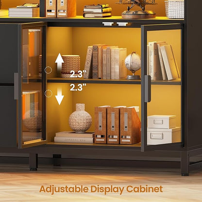 SEDETA 59" File Cabinet, 2 Drawers Filing Cabinets for Home Office fit Legal/Letter/A4 File, File Cabinet with Lock & Power Outlets, Printer Stand with Storage & LED Lights, Black