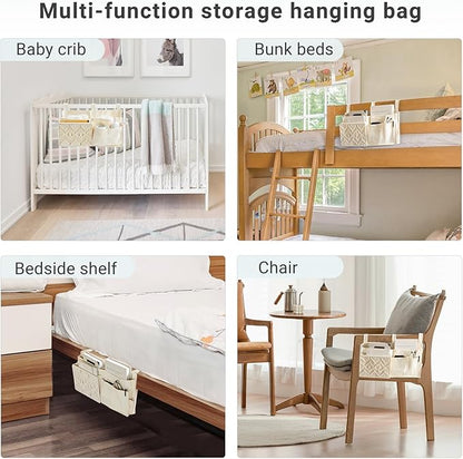 Mkono Bedside Caddy Hanging Organizer, Bunk Woven 7 Pockets Bed Storage Bag Boho Remote Magazine Books Holder with Macrame for Loft Bed College Dorm Bedroom Baby Bed Rails, Ivory