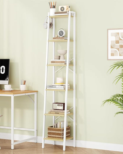 Ladder Shelf, Bookshelf Bookcase, Freestanding Corner Storage Shelve with 2 Hooks for Home Office, Living Room, Kitchen, Bedroom, Industrial, 11.8" D x 13.4" W x 72.8" H, White Oak and White