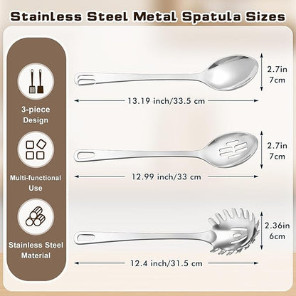 3 Pcs Stainless Steel Cooking Utensils Set, Heat Resistant Kitchen Utensils, Metal Kitchen Tools Include Solid & Slotted Spoon, Pasta Server, Ergonomic Handle, Dishwasher Safe, Easy to Clean, Silver