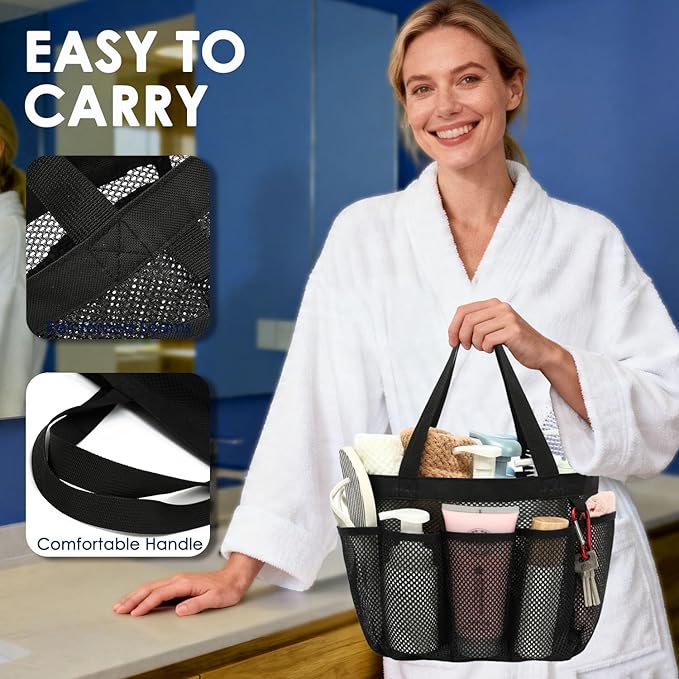 GYEUKHAM Mesh Shower Caddy Portable for College Dorm, Quick Dry Hanging Shower Bag with 8 Pockets, Bathroom Tote Organizer for Gym, Travel, Camping, Black