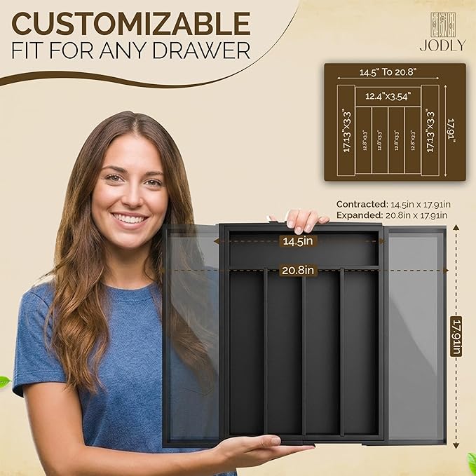 Bamboo Kitchen Utensil Drawer Organizer for Silverware | 100% Natural Expandable 14-20 Inch Kitchen Drawer Organizers for Utensils | Non-Slip Base | Screwed Joints for Long-Lasting Durability