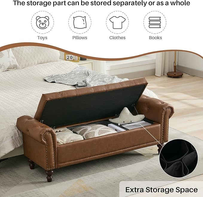 58.1" Storage Bench Upholstered PU Leather End of Bedroom Bed Bench Ottoman with Tufted Cushioned Rolled Arm Large Storage Space for Reading Living Room Entryway, Brown