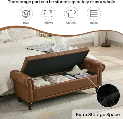 58.1" Storage Bench Upholstered PU Leather End of Bedroom Bed Bench Ottoman with Tufted Cushioned Rolled Arm Large Storage Space for Reading Living Room Entryway, Brown