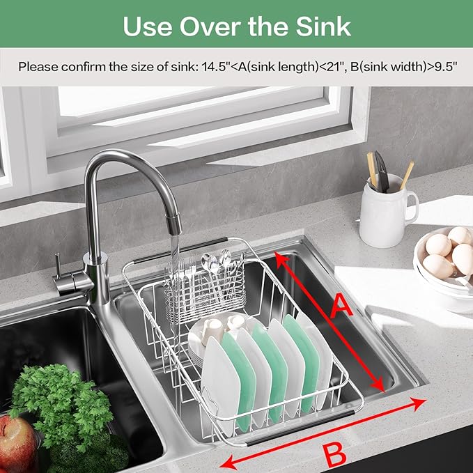 Fanbsy Small Dish Drainer Rack in Sink Adjustable, Expandable Stainless Steel Metal Dish Drying Rack Organizer with Stainless Steel Utensil Holder Over Inside Sink Counter, Rustproof(for 1-2 People)