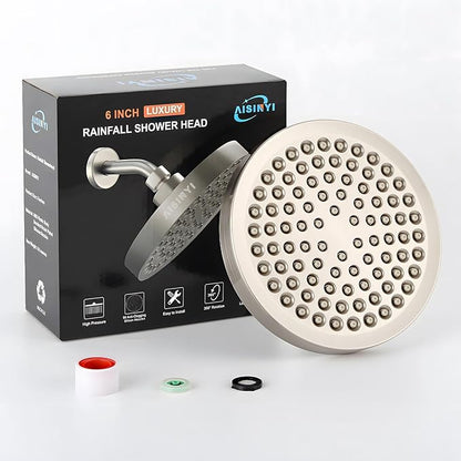 High Pressure Rainfall Shower Head, 6 Inches Luxury Showerhead with Perfect Adjustable Replacement, Removable Restrictor, Easy Installation for Your Bathroom Shower Heads (Brushed Nickel)
