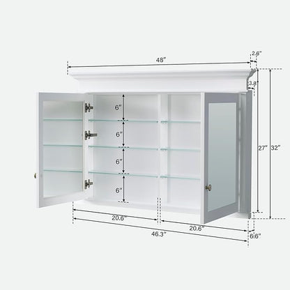 WELLFOR 48"x 32" Bathroom Medicine Cabinet with 3-Tier Adjustable Shelves, Recessed Solid Wood Medicine Cabinet with Mirrors, Wood Miiror Cabinet with 2 Soft-Close Door and Open/Built-in 6 Shelves