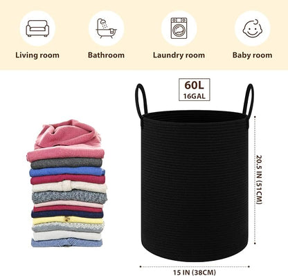 OIAHOMY Large Laundry Basket Hamper - 60L Cotton Rope Woven Basket for Blankets, Toys, Clothes - Tall Decorative Nursery Hamper with Long Handles, Black