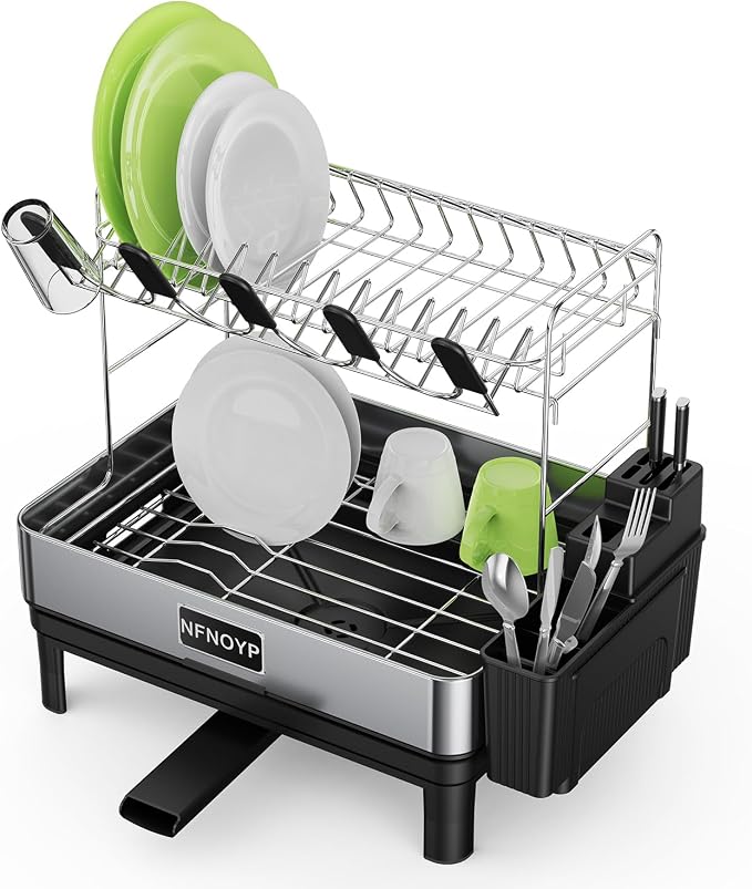 Dish Drying Rack, 2 Tier 304 Stainless Steel Dish Rack and Drainboard Set, Rustproof Dish Drainer with Anti-Pooling Automatic Drainage, Large Capacity Kitchen Counter Organizer, Black