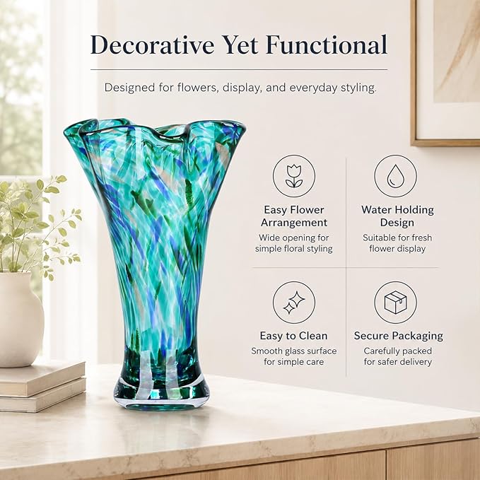 9.0" H Teal Glass Vases for Flowers, Unique Hand Blown Glass Vase Green Home Decor, Wide Mouth Colorful Flower Vase Centerpieces, for Living Room Table Bookshelf, Bathroom Office Shelf Decorative