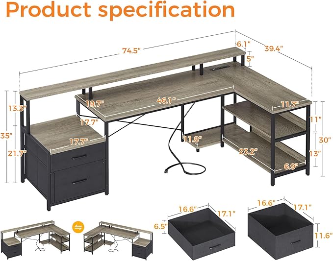 ODK 75" L Shaped Desk with File Drawers, Work from Home Office Desk with Power Outlet, Reversible Computer Desk with Storage Shelves, Gaming Desk with Monitor Shelf, Corner WFM Table, Grey Oak