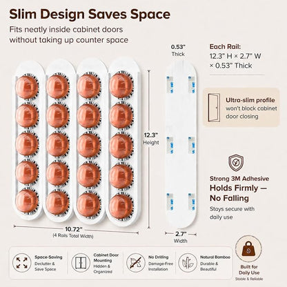 Bamboo Coffee Pod Holder, Adhesive Wall Mount (No Drilling) for Inside Cabinet Door, 20-Capsule Storage (Set of 4), Vertical & Horizontal, Compatible with Nespresso Vertuo Line-White