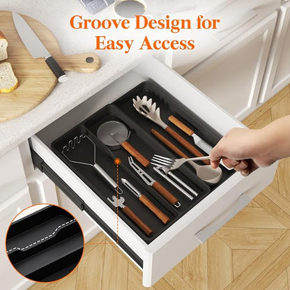 Lifewit Utensil Organizer for Kitchen Drawer, Expandable Cooking Silverware Tray, Adjustable Cutlery Flatware Holder, Plastic Spatula Tools Storage Divider, 14.4 x 15.8", Black