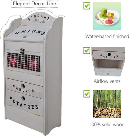 ARTAWEIN Pine Wood Veggie Bin for Potato, Onion and 1 Garlic Drawer Vegetable Box for Kitchen Storage, Solid Wood Vegetable Bin 13.77" L X 7.1" W X 29.3" H (Rustic White)
