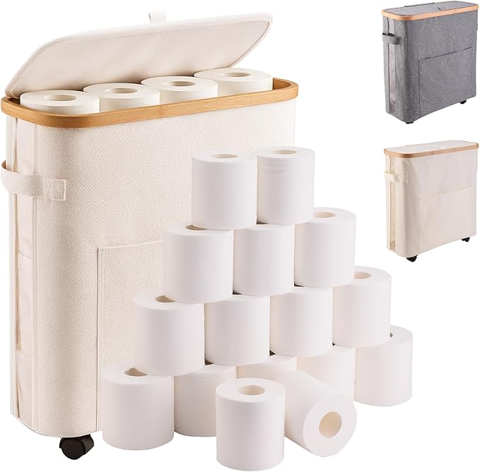 Upgraded Toilet Paper Storage Organizer with Lockable Wheels, 33L Slim Bathroom Hamper – Holds 16 Rolls, Mobile Laundry Basket for Bathroom, Bedroom, Dorm, Foldable & Waterproof (Beige)