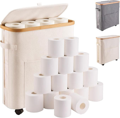 Upgraded Toilet Paper Storage Organizer with Lockable Wheels, 33L Slim Bathroom Hamper – Holds 16 Rolls, Mobile Laundry Basket for Bathroom, Bedroom, Dorm, Foldable & Waterproof (Beige)