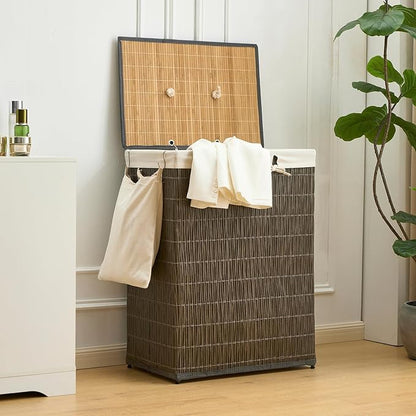 Laundry Hamper with Lid, 52.8 Gallon(200L) Large Laundry Basket 2 Removable Liner Bags, Synthetic Rattan Clothes Hamper with Side Pocket, laundry organization for bathroom, laundry room, Grey