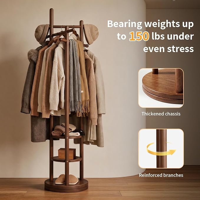 Coat Rack Freestanding, Solid Wood Coat Tree with 6 Hooks and 3 Storage Shelves for Bedroom, Entryway Living Room, Office, Corner Hanger Stand for Purse, Bag, Jacket, Hat