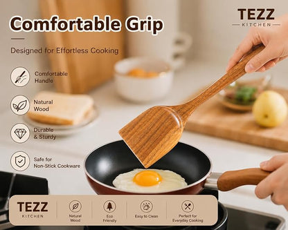 Wood Kitchen Utensils Set, 5 PCs Natural Acacia Wooden Spoons For Cooking for Non-stick Skillet, Utensil set For Cooking With Soup Ladle and Wok Spatulas, Salad fork, Spurtles for Cooking