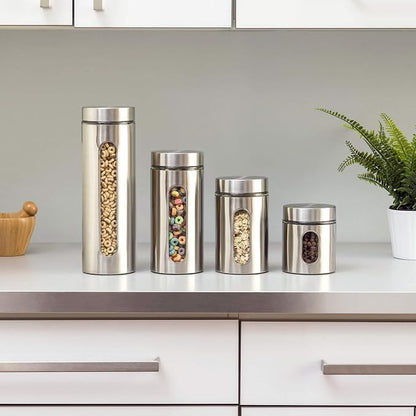 Quality 4pc Stainless Steel Canister Set for Kitchen Counter with Glass Window & Airtight Lids, Food Storage Containers, Pantry Storage & Organization Set for Coffee, Flour, Pasta, Rice, Spices, Herbs