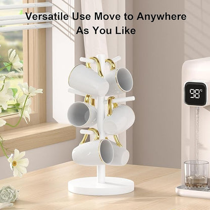 Wisuce White Coffee Mug Tree, Updated Thick Bamboo Mug Holder Base,Coffee Cup Stand Mug Holders with 6 Hooks for Countertop Organizer Stand