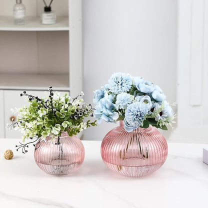 Pink Glass Vases for Tulips, Set of 2, Flower Vases for Bouquet, Ribbed Glass Vase for Flowers, Short Vase for Living Room, Office, Coffee Table, Shelf, Wedding