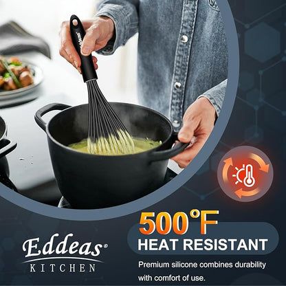 Eddeas Silicone Whisk - Non Scratch Whisks for Cooking, 500°F Heat Resistant Siliocne Wisk tool, Heavy Duty Kitchen Whisks, for Blending, Beating, set of 4 (5+7+9+11 inch) Black