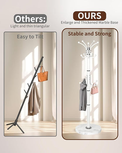 Metal Coat Rack Stand with Natural Marble Base, Modern Coat Rack Freestanding, 360°Rotary Coat Racks with 14 Hooks, White Coat Stand Hall Tree Hanger Stand for Entryway, Office，Corner