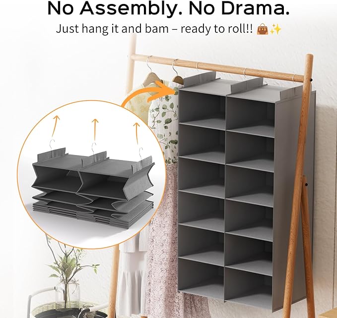 Space-Saving Hanging Closet Storage Organizer – Dual-Row Foldable Shelves with 3 Hooks, 6-Tier Wardrobe Organizer for Dorm, Bedroom, Closet (Grey) | Storage, 12 Pockets, 3 Sturdy Hooks, Dorm Room Essentials