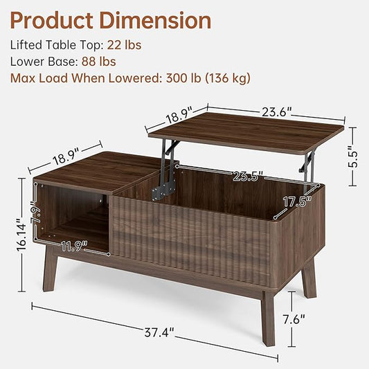 Fluted Lift Top Coffee Table with Storage Shelf and Hidden Compartment, Mid Century Modern Wooden Center Table for Living Room, Home Office, Walnut