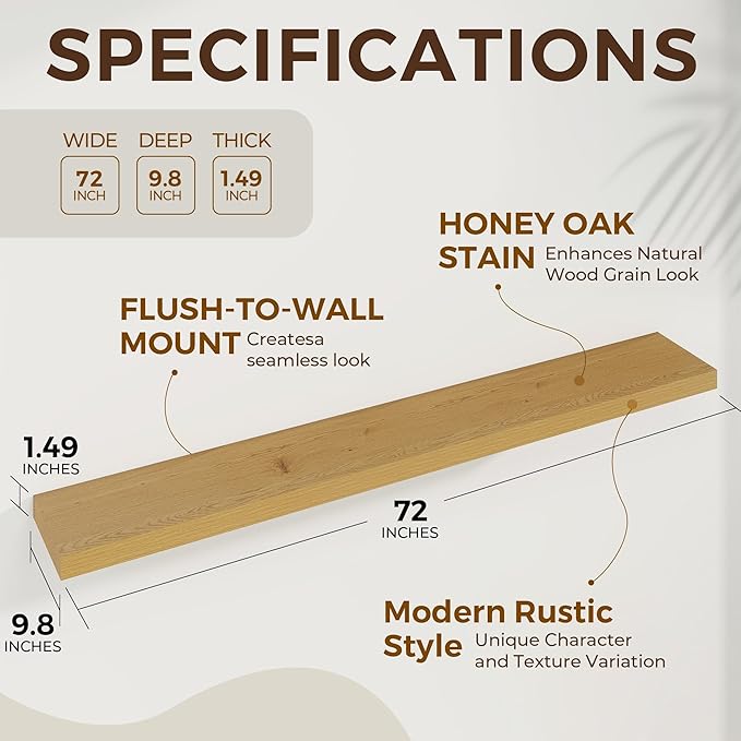 Dreamland 72 Inches Floating Shelves for Wall, 9.8" Deep Long Floating Shelves Set of 1, Large Display & Storage Shelf, Wall Shelf for Bathroom Bedroom Living Room Kitchen Office, Oak