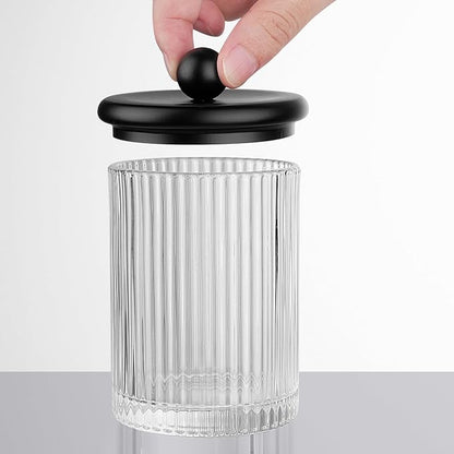 SheeChung 2 Pack Glass Qtip Holder - Apothecary Jars Bathroom Organizer with Metal Lids - Countertop Vanity Canister Set for Cotton Swabs, Rounds, Floss Picks-Modern Luxury Decor (Black Ribbed)