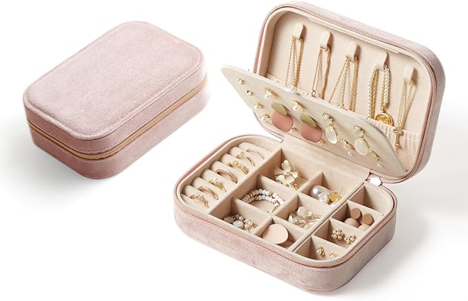 CASEGRACE Plush Velvet Travel Jewelry Box, Portable Jewelry Case for Women Girls, Double Layer Jewelry Organizer Display Box for Necklace Earring Rings Bracelet, Travel Accessory Gifts, Pink