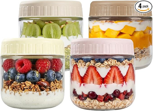SHOWIN Overnight Oats Containers with Lids, 10oz Glass Jars with Lids 4 pcs, Wide Mouth Mason jars for Salad, Yogurt, Snacks, Meal Prep