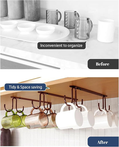 Luckinow Mug Hooks Under Cabinet 3 Pack, Coffee Cup Hooks for Hanging Under Shelf, Mug Organizer Rack with 12 Hooks for Displaying Mugs, Coffee Cups and Kitchen Utensils, Brown