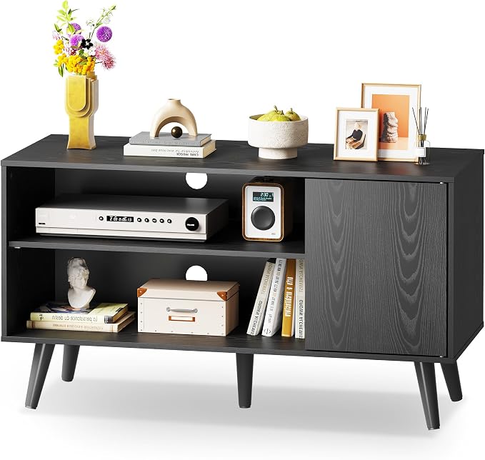 WLIVE TV Stand for 43 Inch TV, Small Entertainment Center with Storage Cabinet & Adjustable Shelves, Mid-Century Modern TV Stands for Living Room and Bedroom, 32" TV Console, Black