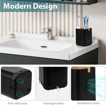Boperzi Black Toothbrush Holders for Bathroom, Electric Toothbrush Holder with Bamboo Divider, Detachable Anti-Slip Toothbrush and Razor Holder Drainage for Shower, Toothbrush Organizer and Storage