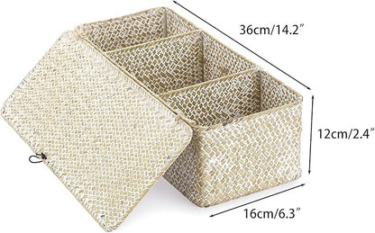 Sumnacon Small Woven Basket for Shelf Wicker Shelf Storage Basket with Sections Seagrass Storage Baskets with Lid for Tampon Toiletry Rectangular Storage Basket for Shelf Bathroom Table Desk Whitewash