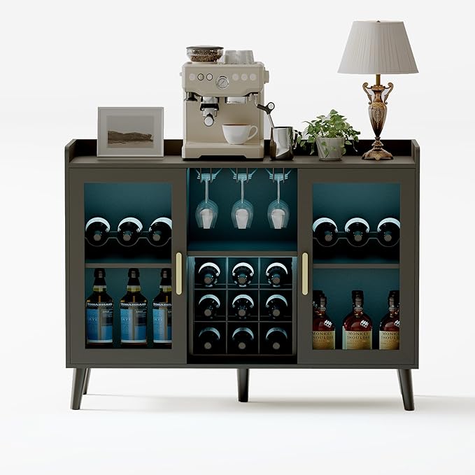 Garvee Modern Wine Bar Cabinet with LED Light, Wood Kitchen Coffee Bar Home Liquor Cabinets with Glass Holder, Doors and Wine Racks Buffet Sideboard with Storage for Living Room