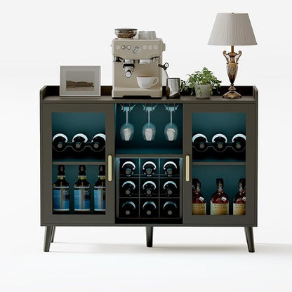 Garvee Modern Wine Bar Cabinet with LED Light, Wood Kitchen Coffee Bar Home Liquor Cabinets with Glass Holder, Doors and Wine Racks Buffet Sideboard with Storage for Living Room