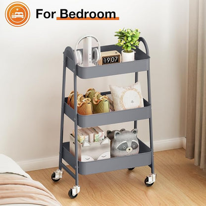NEWBULIG 3-Tier Metal Rolling Cart with Lockable Wheels, Heavy Duty Mobile Utility Storage Shelf, Roller Book Snack Cart, Grey